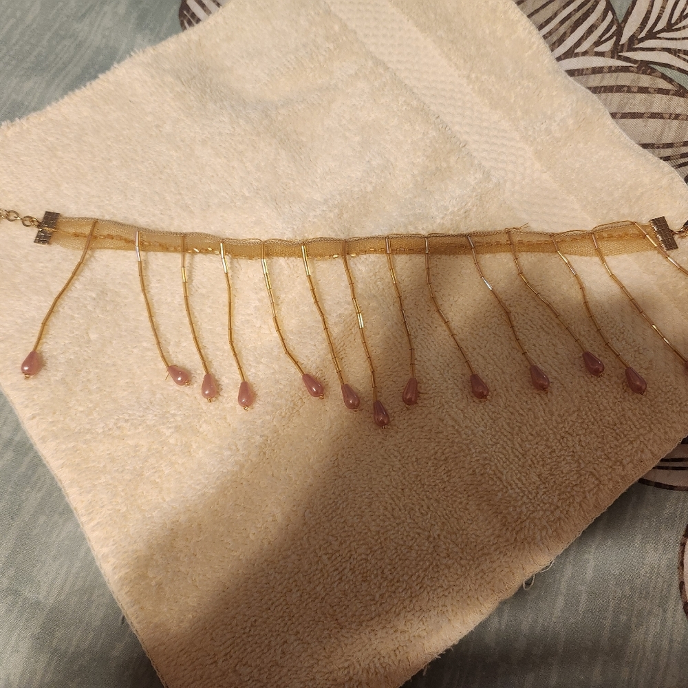 Gold and Pink Beaded Choker Necklace. This necklace is 14" long.